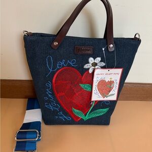 NWT BRIGHTON AMORE HEART Denim with Red Heart Embroidery convertible tote bag